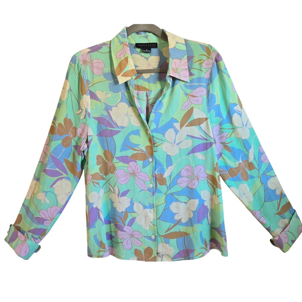 Sanctuary Womens M Boho Chic Tropical Floral Button Down Shirt Mint Green NWOT